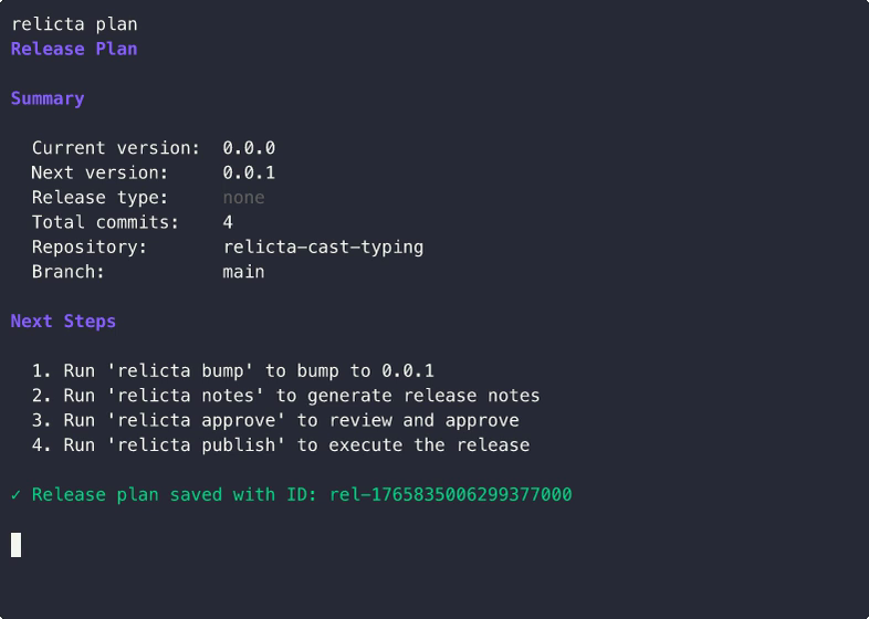 Relicta showing version plan and generated release notes